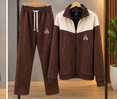 Brown & Cream Color-Block Zip-Up Tracksuit